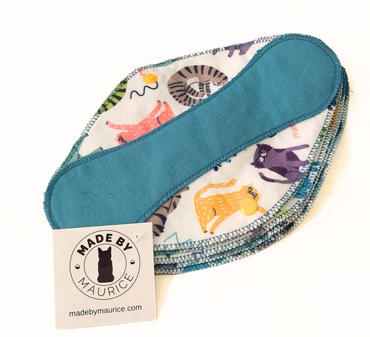 Teal on Tossed Cats Reusable Pantyliners